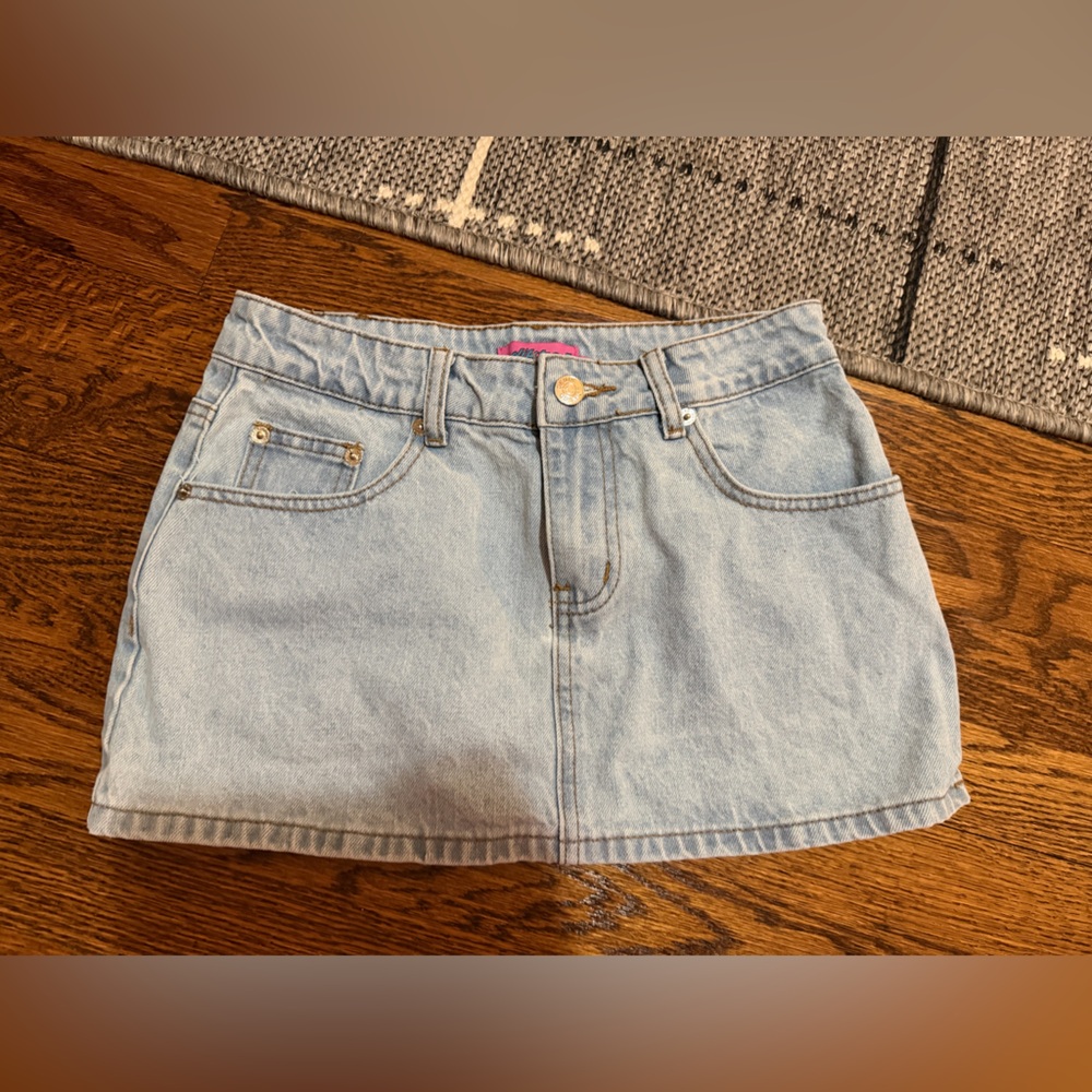 Edikted Light Blue Denim Skirt with Pink Logo Tag